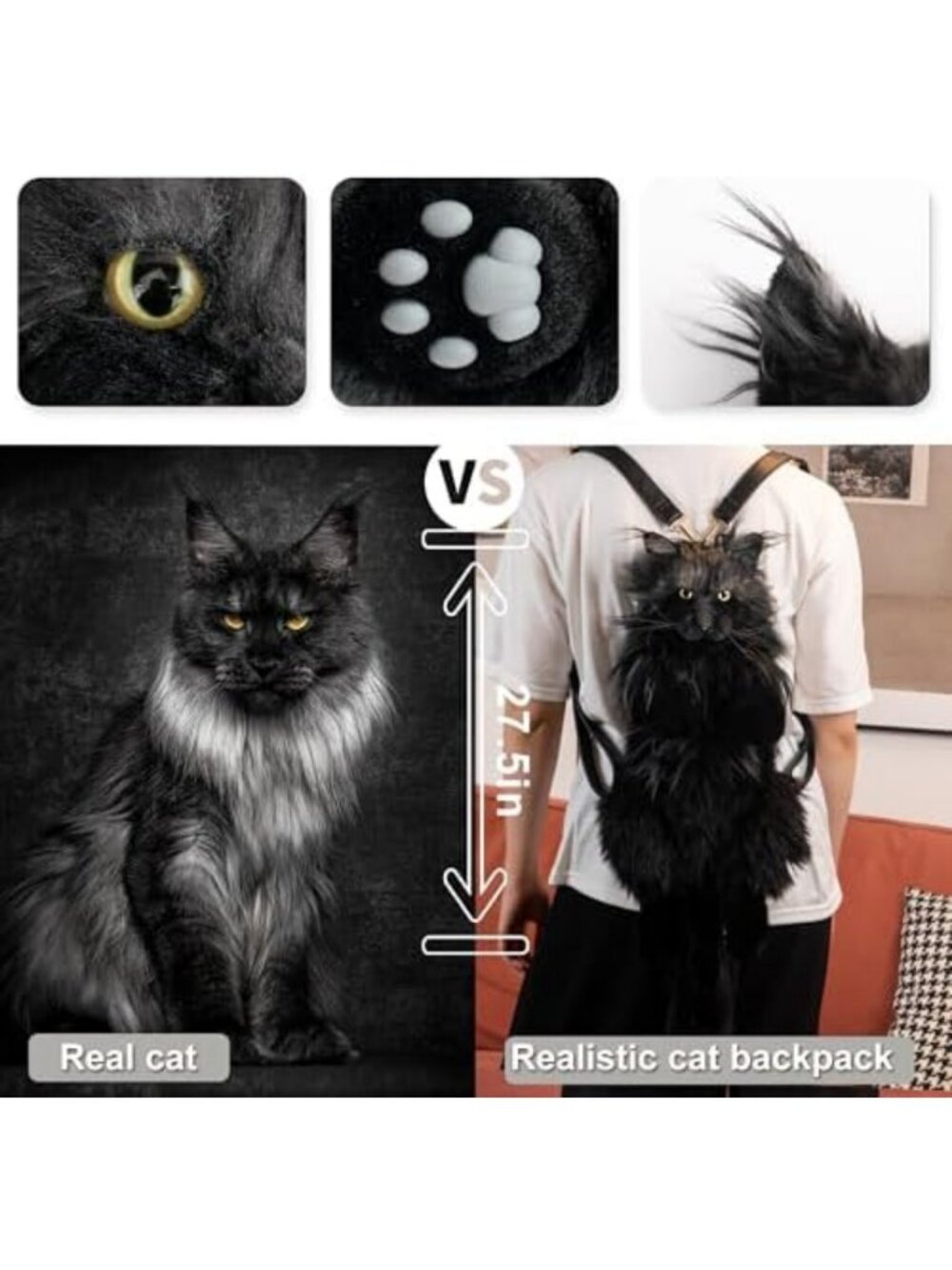 Handmade Plush Cat Backpack | Realistic Stuffed Animal Bag for Kids & Adults - Picture 3 of 6